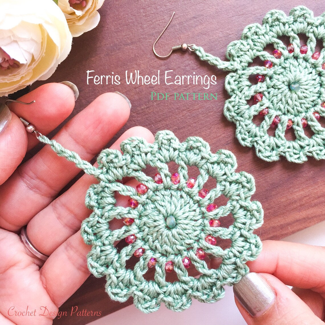 Ferris Wheel Earrings with Beads - pdf crochet pattern -