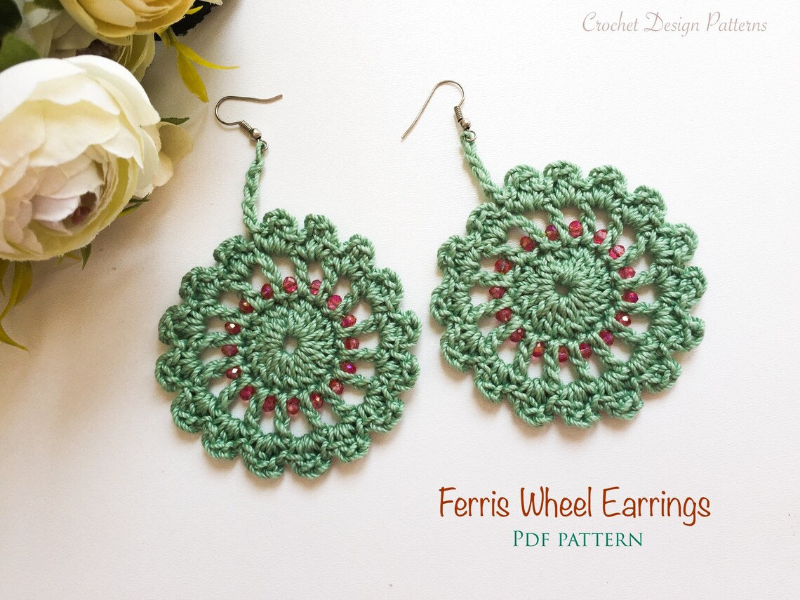 Ferris Wheel Earrings with Beads - pdf crochet pattern -