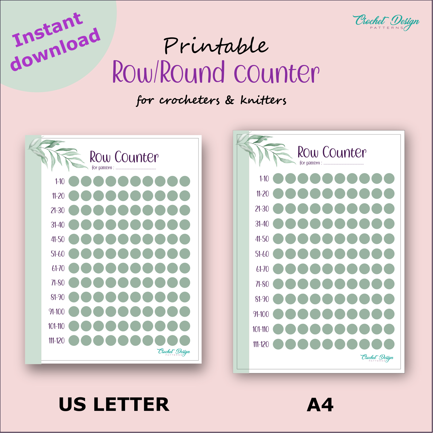 Row/round counter printable document for crochet and knitting