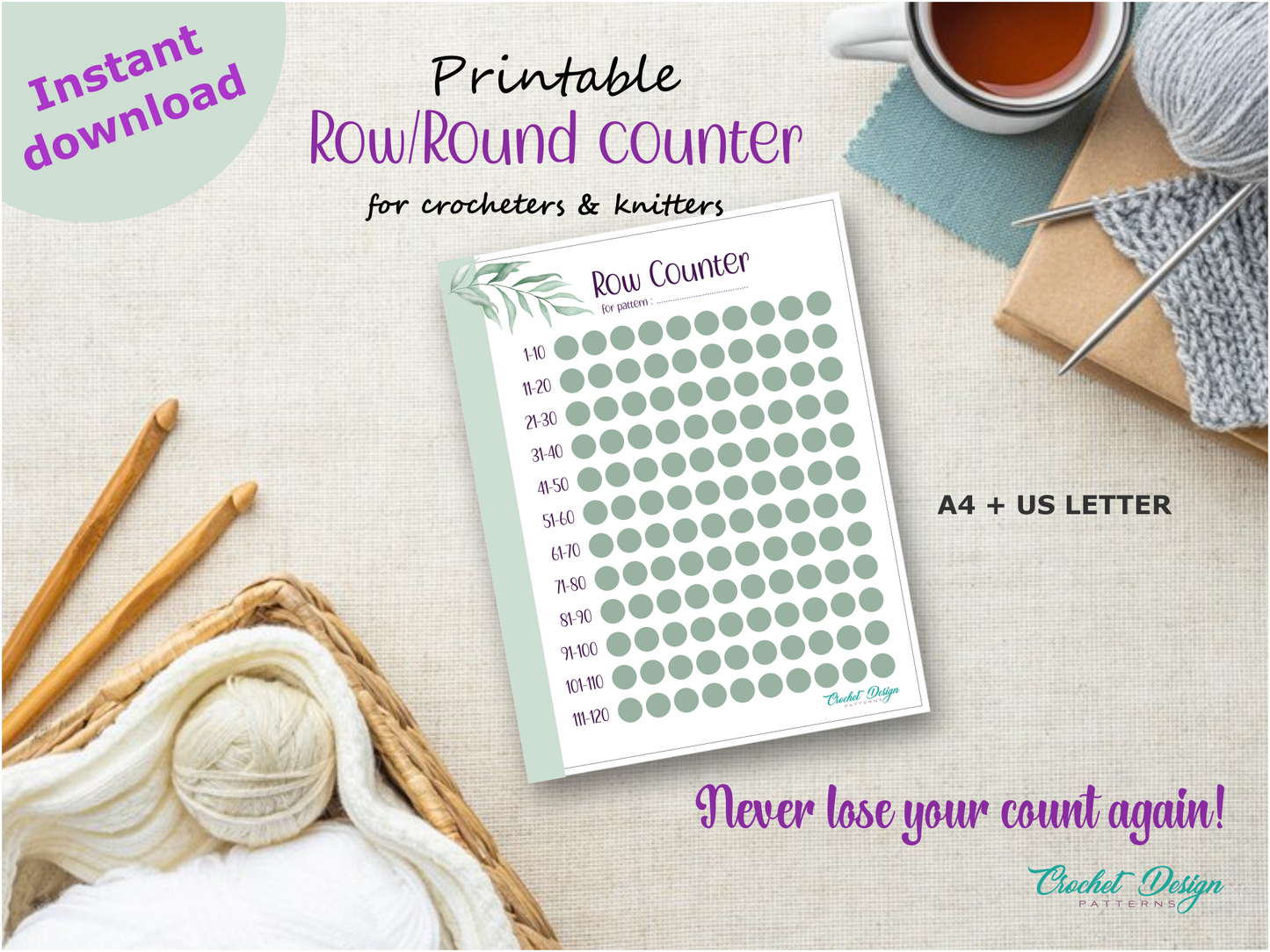 Row/round counter printable document for crochet and knitting