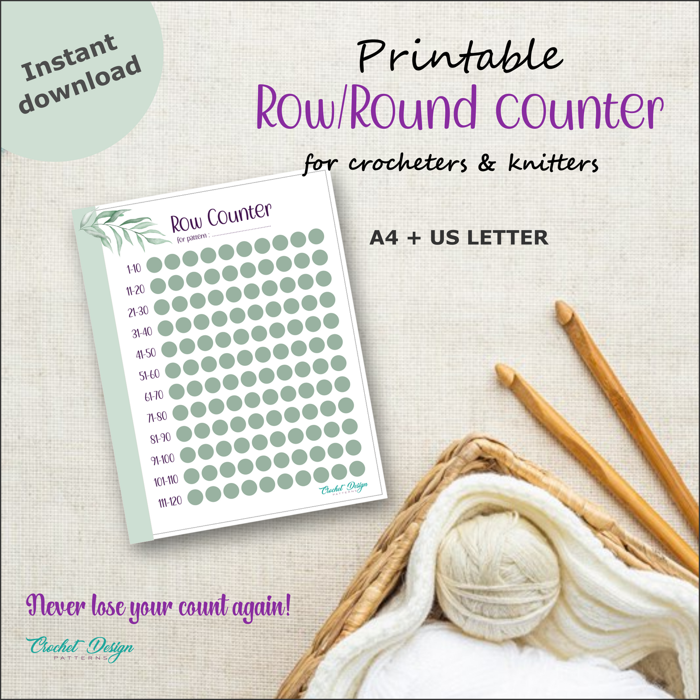 Row/round counter printable document for crochet and knitting