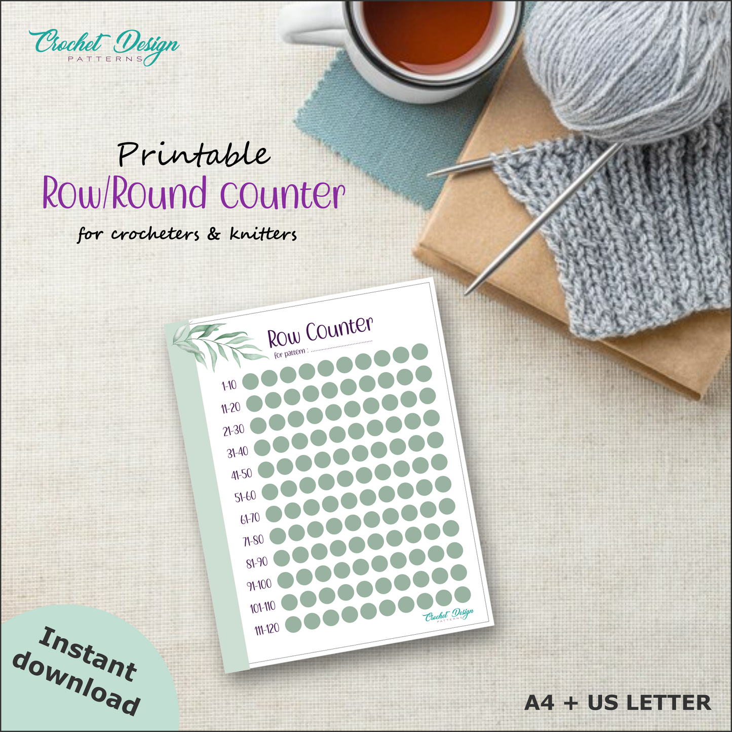 Row/round counter printable document for crochet and knitting