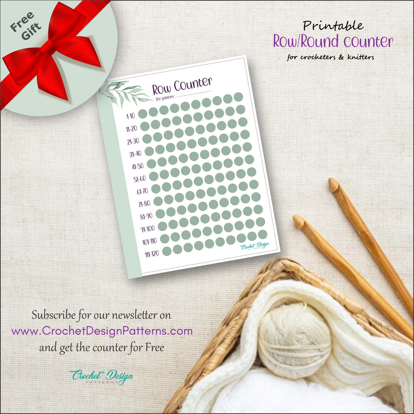 Row/round counter printable document for crochet and knitting